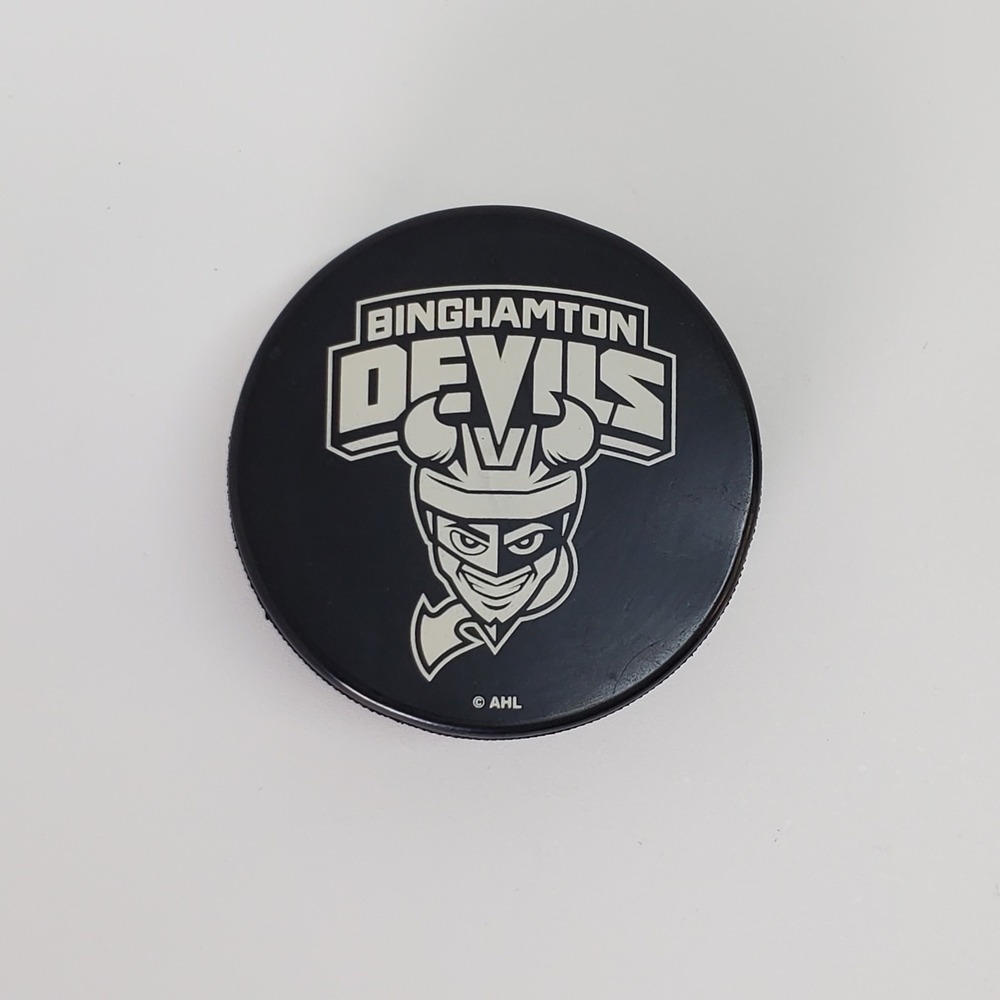 Binghamton Devils AHL Hockey Puck Official Souvenir Black White Logo Mascot